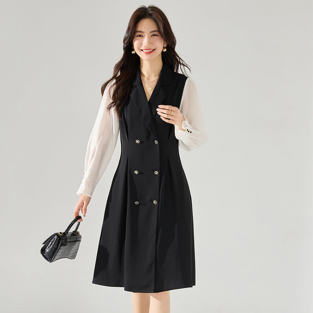 Black Suit Collar Patchwork Waist-slimming Dress