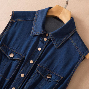 Lapel Single Breasted Elastic Waist Casual Denim Dress