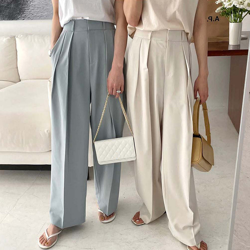 High Waist Pleated Design Loose Casual Drape Straight Wide Leg Suit Pants