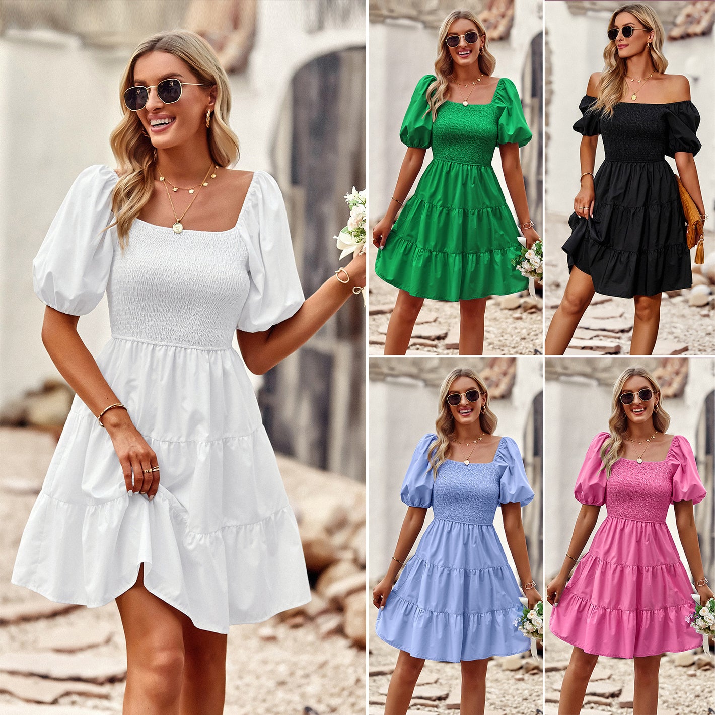 Womens Square Neck Dress Long Puff Short Sleeve A-Line Casual Short Mini Dress