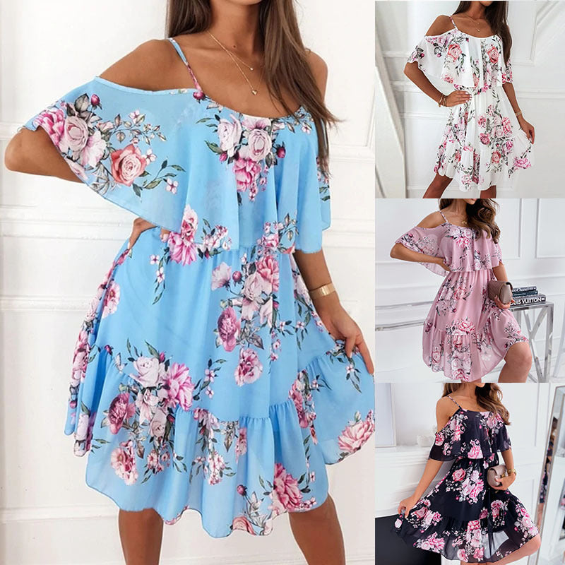 Flower Printed Dress Summer V-neck Stitching Off-the-shoulder Strap Dress