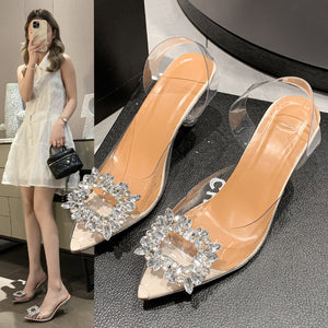 Rhinestone Square Buckle Transparent Strap Pointed Toe Toe Cap High Heels