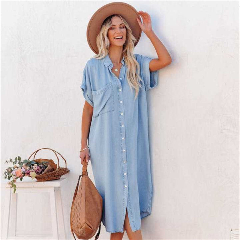 Women's Solid Denim Short Sleeve Slit Dress