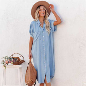 Women's Solid Denim Short Sleeve Slit Dress