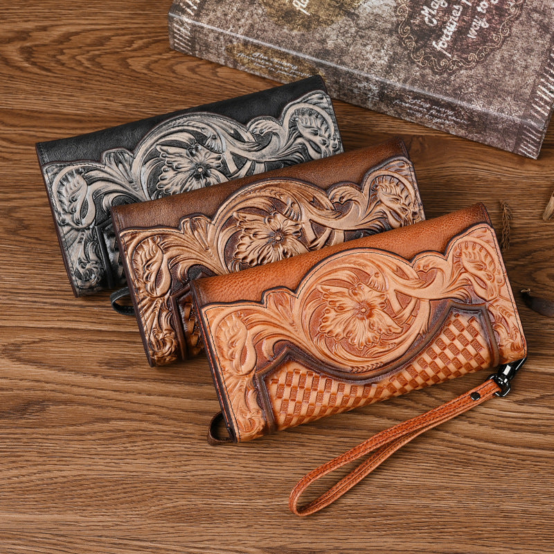 Chinese Style Embossed Wallet Women's First Layer Long Cowhide Fashion Wallet Large Capacity Tri-fold Bag Retro Wallet