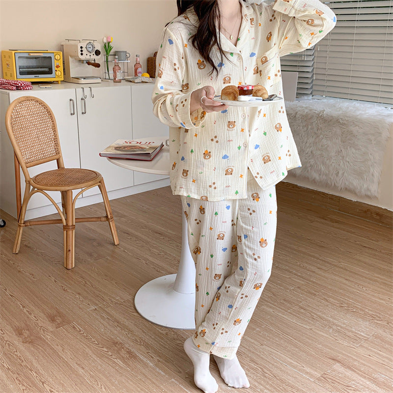 Pure Cotton Cartoon Long-sleeved Pajamas Set Letter Bear Homewear For Women